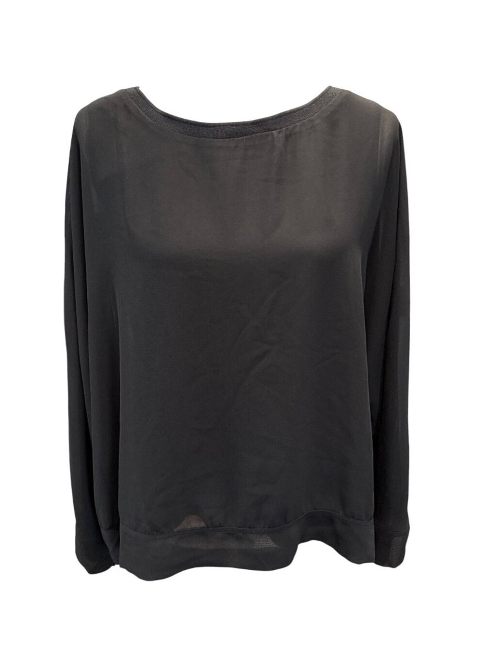 JOAN VASS Womens Sheer Dolman Sleeve Blouse~Size L~Black Boat Neck Top L18 08
